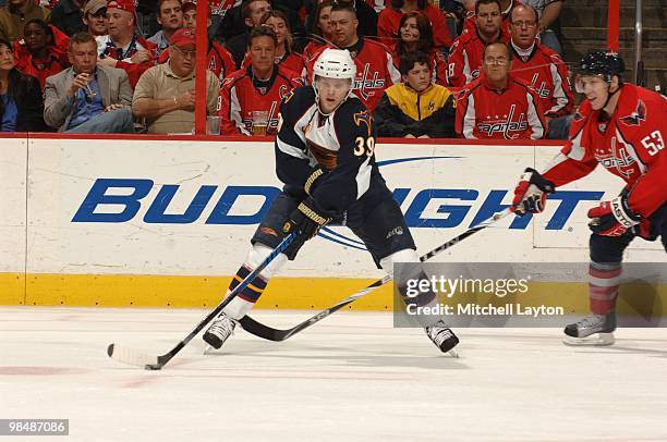 Tobias Enstrom of the Atlanta Thrashers skates with the puck during a NHL hockey game against the Washington Capitals on April 9, 2010 at the Verizon...