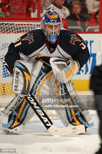 Ondrej Pavalec of the Atlanta Thrashers looks on during a NHL hockey game against the Washington Capitals on April 9, 2010 at the Verizon Center in...