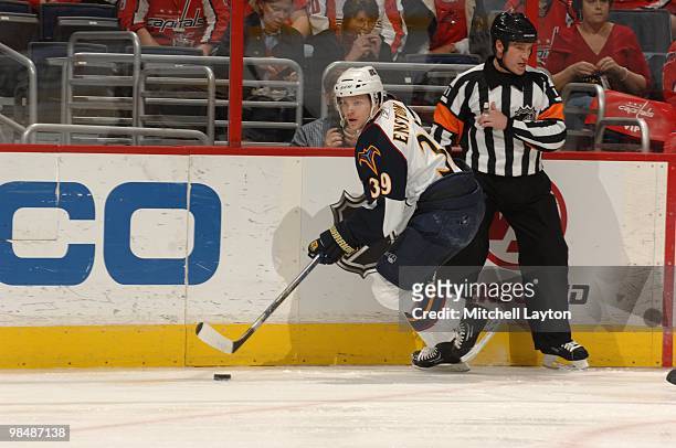 Tobias Enstrom of the Atlanta Thrashers skates with the puck during a NHL hockey game against the Washington Capitals on April 9, 2010 at the Verizon...