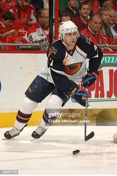 Rich Peverley of the Atlanta Thrashers skates with the puck during a NHL hockey game against the Washington Capitals on April 9, 2010 at the Verizon...