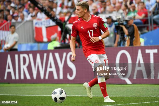 Jens Stryger Larsen of Denmark controls the ball during the 2018 FIFA World Cup Group C match between Denmark and France at Luzhniki Stadium in...