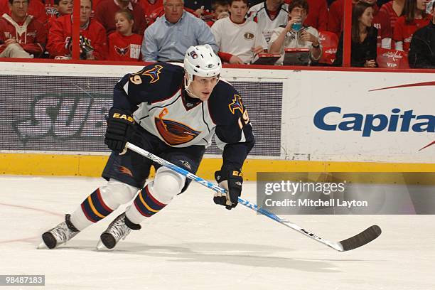 Marty Reasoner of the Atlanta Thrashers looks on during a NHL hockey game against the Washington Capitals on April 9, 2010 at the Verizon Center in...