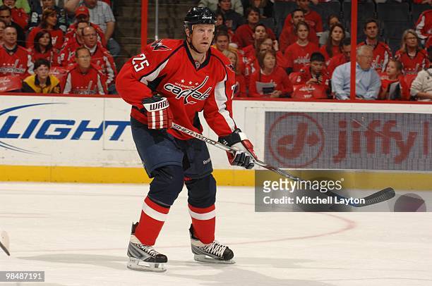 Jason Chimera of the Washington Capitals looks on during a NHL hockey game against the Atlanta Thrashers on April 9, 2010 at the Verizon Center in...