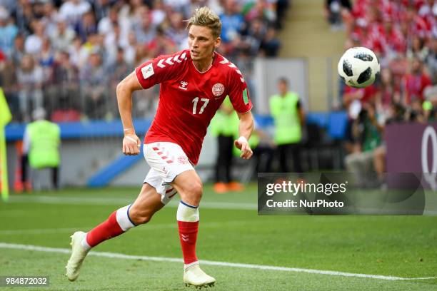 Jens Stryger Larsen of Denmark in action during the 2018 FIFA World Cup Group C match between Denmark and France at Luzhniki Stadium in Moscow,...