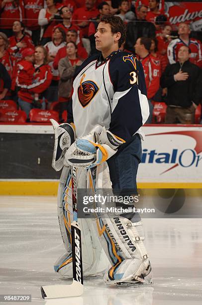 Ondrej Pavalec of the Atlanta Thrashers looks on during a NHL hockey game against the Washington Capitals on April 9, 2010 at the Verizon Center in...