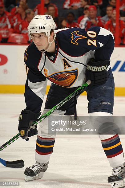 Colby Armstrong of the Atlanta Thrashers looks on during a NHL hockey game against the Washington Capitals on April 9, 2010 at the Verizon Center in...