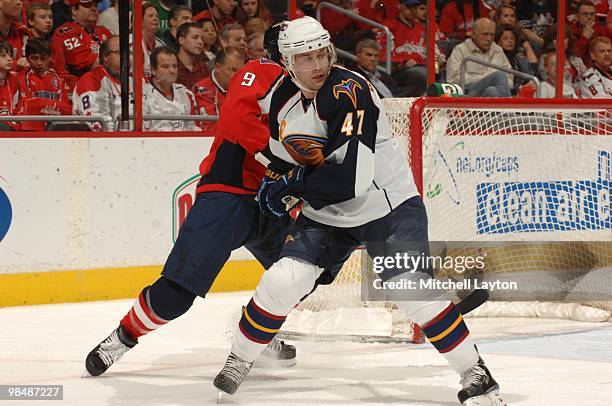 Rich Peverley of the Atlanta Thrashers looks on during a NHL hockey game against the Washington Capitals on April 9, 2010 at the Verizon Center in...