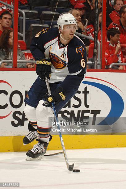 Ron Hainsey of the Atlanta Thrashers skates with the puck during a NHL hockey game against the Washington Capitals on April 9, 2010 at the Verizon...