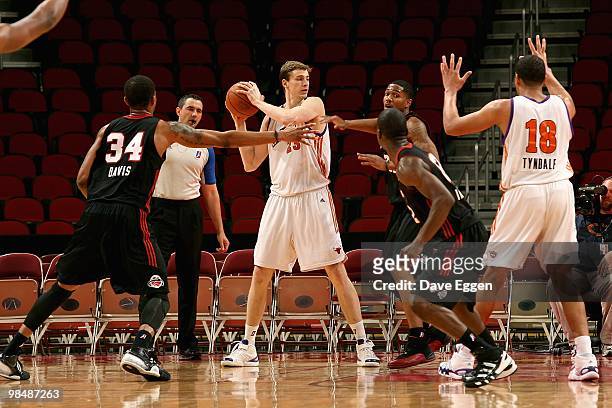 Connor Atchley of the Iowa Energy looks for an open pass against the Utah Flash during Game Three of the D-League playoff game on April 11, 2010 at...