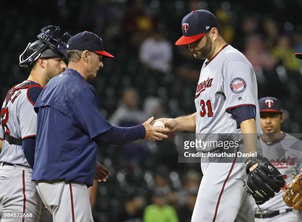 Starting pitcher Lance Lynn of the Minnesota Twins is taken out of the game by manager Paul Molitor in the 6th inning against the Chicago White Sox...