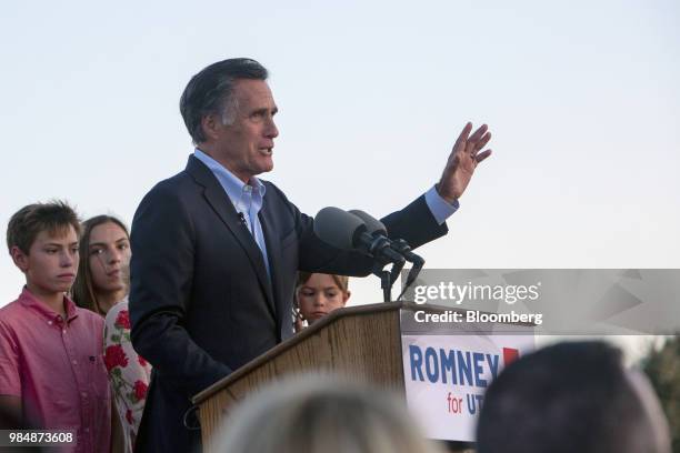 Mitt Romney, Republican U.S Senate candidate, speaks during an election night rally in Provo, Utah, U.S., on Tuesday, June 26, 2018. Romney won his...