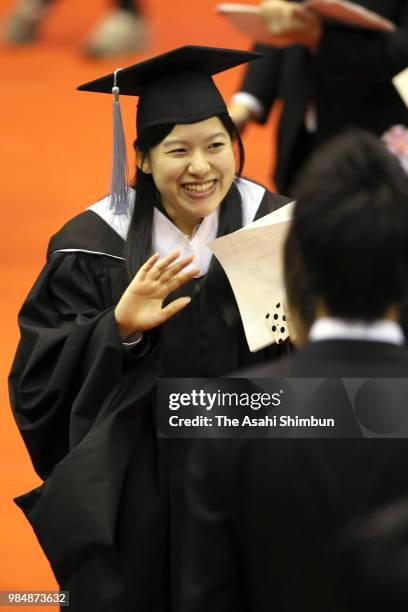 Princess Ayako of Takamado smiles during the graduation ceremony of the Josai International University postgraduate school on March 16, 2018 in...