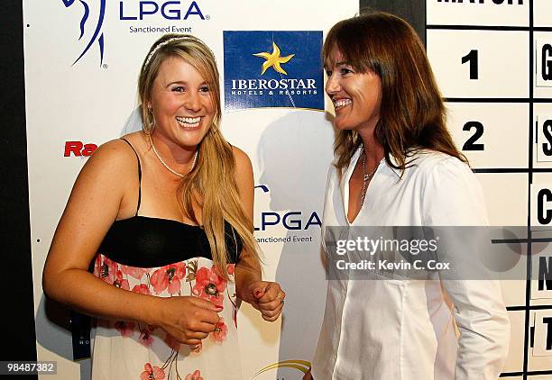 Amanda Blumenherst of the United States and Sophie Gustafson of Sweden pose for a photo during the Red Carpet "Hollywood" Mojo 6 Kick-off Party...