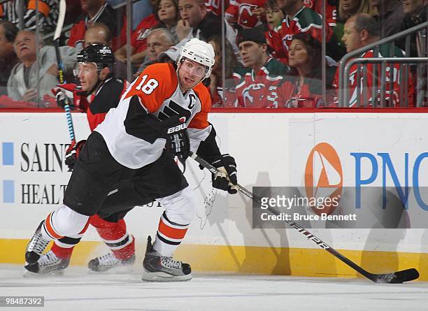 Mike Richards of the Philadelphia Flyers skates against the New Jersey Devils in Game One of the Eastern Conference Quarterfinals during the 2010 NHL...