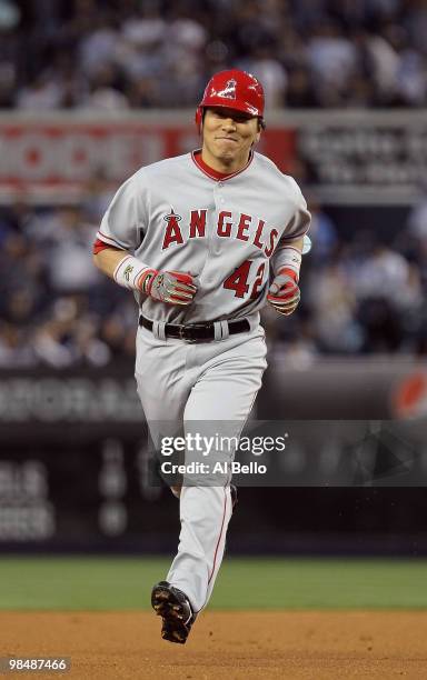 Hideki Matsui of the Los Angeles Angels of Anaheim hits a home run against the New York Yankees during their game on April 15, 2010 at Yankee Stadium...