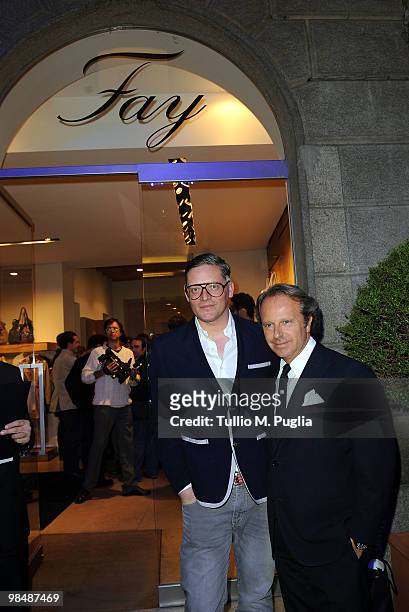 Giles Deacon and Andrea della Valle attend the Fay "Double Life" launch as part of the 2010 Milan International Furniture Fair, on April 15, 2010 in...