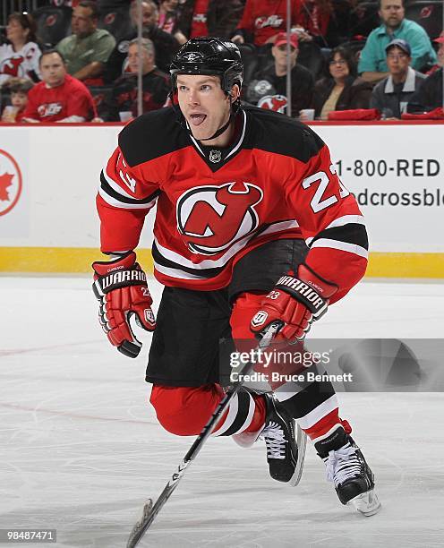 David Clarkson of the New Jersey Devils skates against the Philadelphia Flyers in Game One of the Eastern Conference Quarterfinals during the 2010...