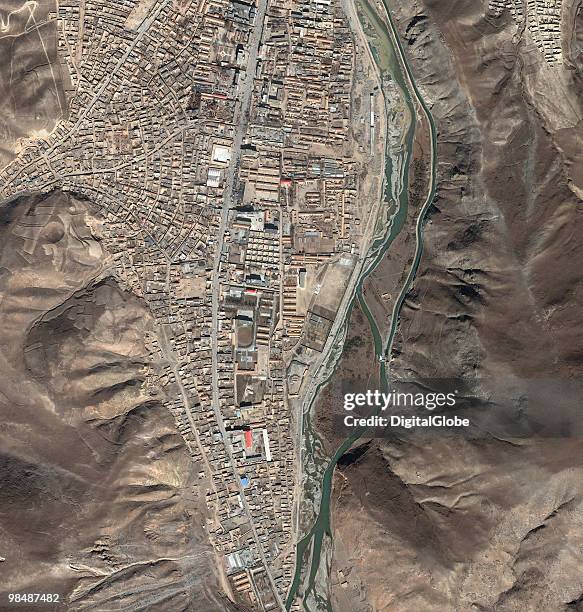 This satellite image, taken on November 6, 2004 of Yushu, China. China's leaders have urged rescuers to make "all-out efforts to save lives" as the...