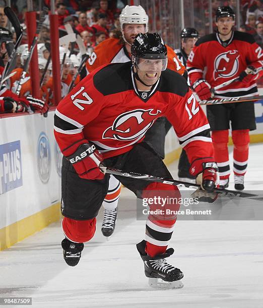 Brian Rolston of the New Jersey Devils skates against the Philadelphia Flyers in Game One of the Eastern Conference Quarterfinals during the 2010 NHL...