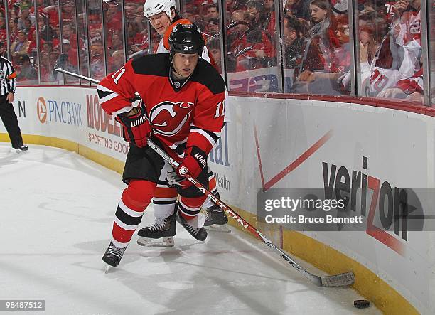 Dean McAmmond of the New Jersey Devils skates against the Philadelphia Flyers in Game One of the Eastern Conference Quarterfinals during the 2010 NHL...