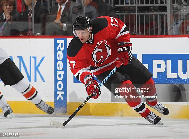 Ilya Kovalchuk of the New Jersey Devils skates against the Philadelphia Flyers in Game One of the Eastern Conference Quarterfinals during the 2010...