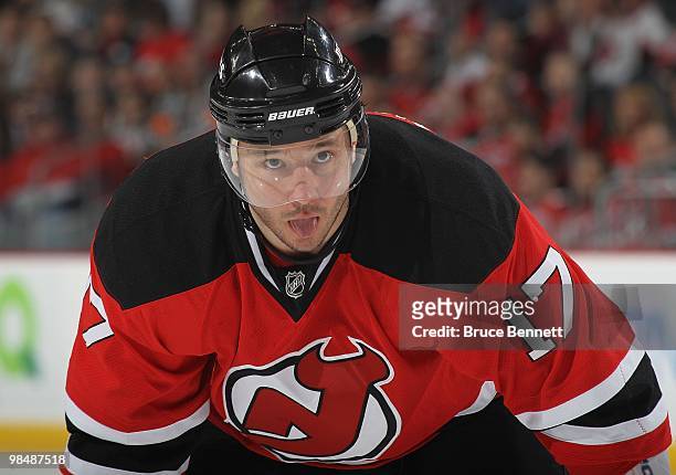 Ilya Kovalchuk of the New Jersey Devils skates against the Philadelphia Flyers in Game One of the Eastern Conference Quarterfinals during the 2010...