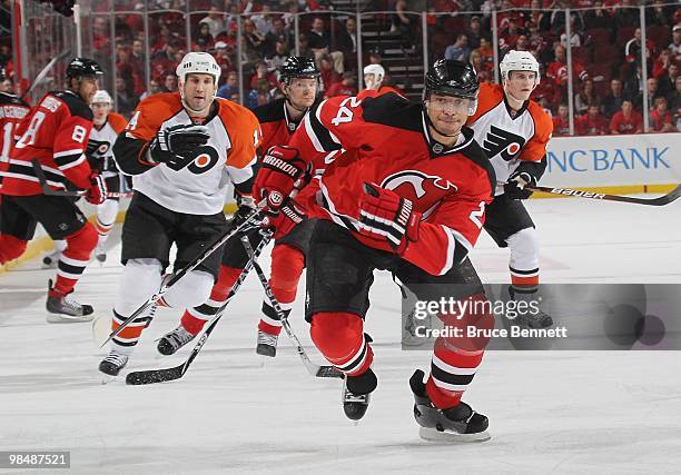Bryce Salvador of the New Jersey Devils skates against the Philadelphia Flyers in Game One of the Eastern Conference Quarterfinals during the 2010...