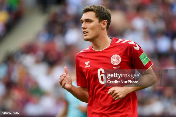 Andreas Christensen of Denmark looks on during the 2018 FIFA World Cup Group C match between Denmark and France at Luzhniki Stadium in Moscow, Russia...