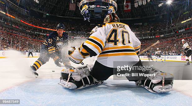 Adam Mair of the Buffalo Sabres is stopped by Tuukka Rask of the Boston Bruins in Game One of the Eastern Conference Quarterfinals during the 2010...