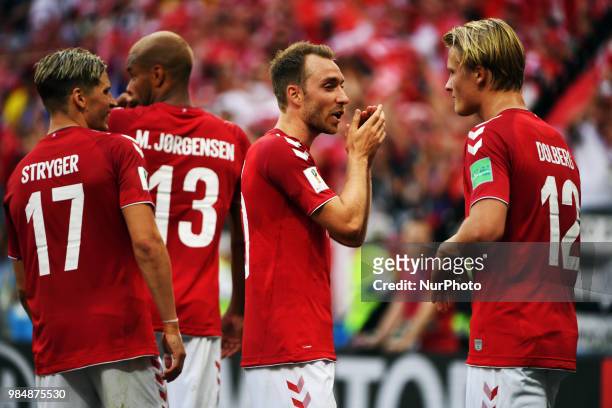 Danish players Jens Stryger Larsen, Christian Eriksen and Kasper Dolberg celebrate during the 2018 FIFA World Cup Group C match between Denmark and...
