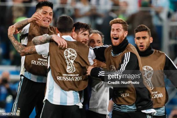 Lionel Messi, Cristian Ansaldi, Eduardo Salvio of Argentina national team and their teammates celebrate victory during the 2018 FIFA World Cup Russia...