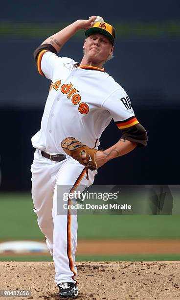 Starting pitcher Mat Latos of the San Diego Padres throws from the mound in the first inning against the Atlanta Braves at Petco Park on April 15,...