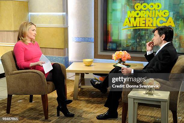 Walt Disney Television via Getty Images News' Andrea Canning talks with George Stephanopoulos on GOOD MORNING AMERICA, 4/14/10 on the Walt Disney...