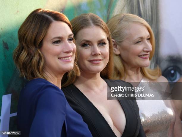 Author Gillian Flynn, actress Amy Adams and actress Patricia Clarkson attend the premiere of the HBO television miniseries "Sharp Objects" at the...
