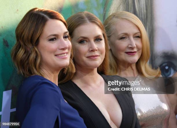 Author Gillian Flynn, actress Amy Adams and actress Patricia Clarkson attend the premiere of the HBO television miniseries "Sharp Objects" at the...