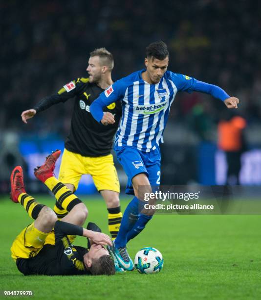 Hertha BSC and Borussia Dortmund face off in Bundesliga match in Berlin, Germany, 19 January 2018. Berlin's Davie Selke in action against Dortmund's...