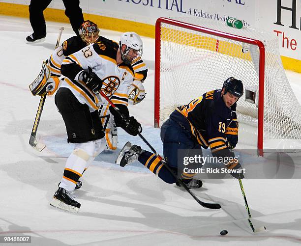 Zdeno Chara of the Boston Bruins defends against Tim Connolly of the Buffalo Sabres in Game One of the Eastern Conference Quarterfinals during the...