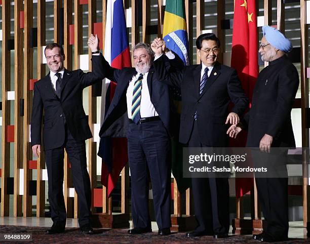 Russian President Dmitry Medvedev, Brazilian President Luiz Inacio Lula da Silva, Chinese President Hu Jintao, and Indian Prime Minister Manmohan...