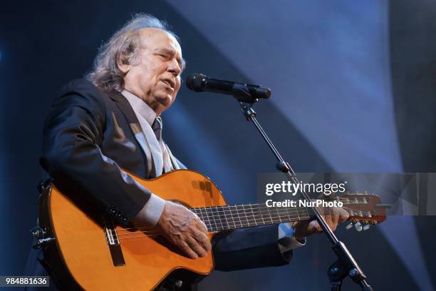 Spanish singer and songwriter Joan Manuel Serrat performs on stage at the Alfonso XIII Royal Botanic Garden in Madrid, Spain, 26 June 2018, on...