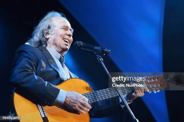 Spanish singer and songwriter Joan Manuel Serrat performs on stage at the Alfonso XIII Royal Botanic Garden in Madrid, Spain, 26 June 2018, on...