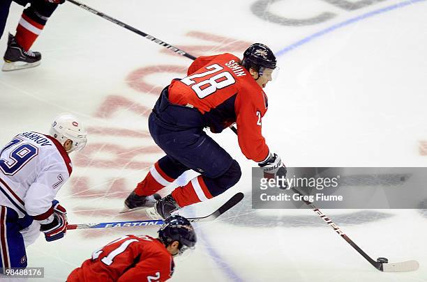 Alexander Semin of the Washington Capitals brings the puck down the ice against the Montreal Canadiens in Game One of the Eastern Conference...