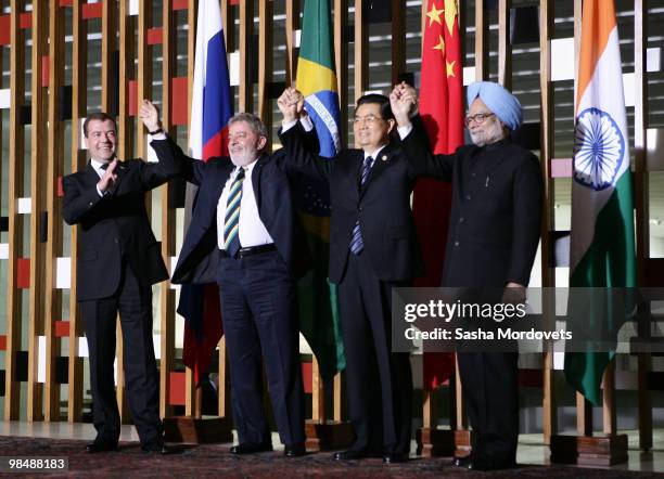 Russian President Dmitry Medvedev, Brazilian President Luiz Inacio Lula da Silva, Chinese President Hu Jintao, and Indian Prime Minister Manmohan...