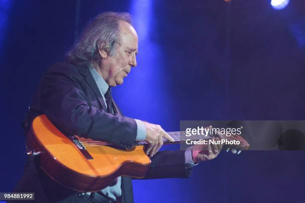 Spanish singer and songwriter Joan Manuel Serrat performs on stage at the Alfonso XIII Royal Botanic Garden in Madrid, Spain, 26 June 2018, on...