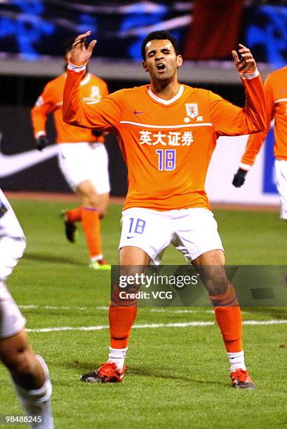 Roda Antar of Shandong Luneng reacts during the AFC Champions League between Shandong Luneng and Sanfrecce Hiroshima on April 13, 2010 in Jinan,...