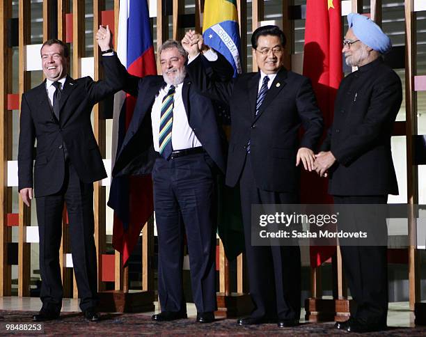 Russian President Dmitry Medvedev, Brazilian President Luiz Inacio Lula da Silva, Chinese President Hu Jintao, and Indian Prime Minister Manmohan...