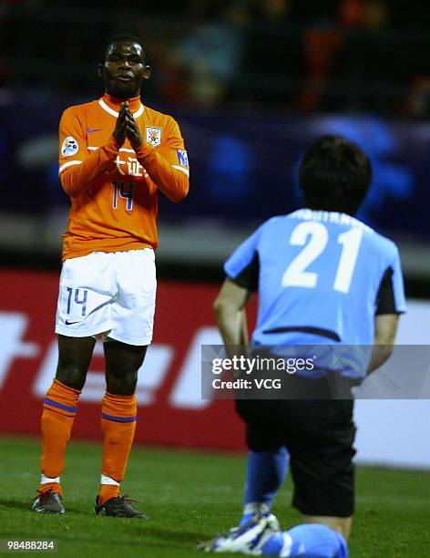 Fred Benson of Shandong Luneng reacts during the AFC Champions League between Shandong Luneng and Sanfrecce Hiroshima on April 13, 2010 in Jinan,...