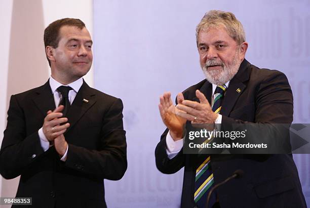 Russian President Dmitry Medvedev and Brazilian President Luiz Inacio Lula da Silva attend a press conference at Itamaraty Palace April 15, 2010 in...