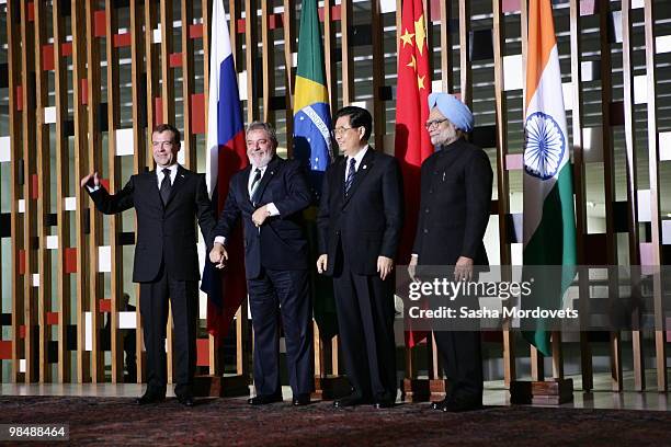 Russian President Dmitry Medvedev, Brazilian President Luiz Inacio Lula da Silva, Chinese President Hu Jintao, and Indian Prime Minister Manmohan...