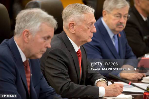 Defence Secretary Jim Mattis listens to China's Defence Minister Wei Fenghe during their meeting at the Bayi building in Beijing on June 27, 2018.