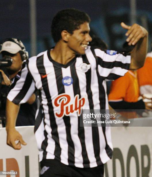 Adolfo Gama of Libertad celebrates second scored goal during a match against Blooming at Ramon Aguilera Costa Stadium on April 15, 2010 in Santa...